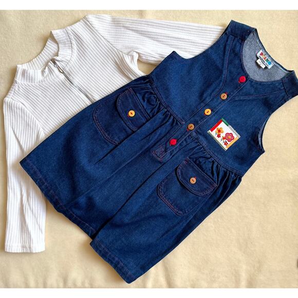 Vintage 90s Piano Kids Fashion Jumper Dress & Shirt Set Girls 8 Denim Floral - Picture 2 of 6